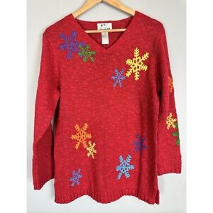 Quacker Factory V-Neck Christmas Snowflake Embroidery Sweater S NWT Colorful Art
